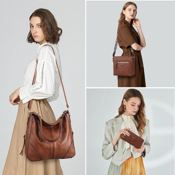 Women’s Brown 3PCS PU Leather Purses Set Crossbody Wallet & Hobo Tote Bag - Picture 2 of 8